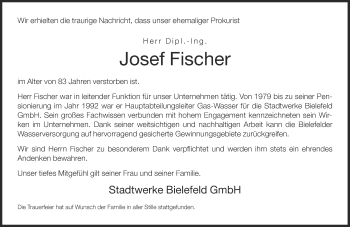 Traueranzeige von Josef Fischer von Neue Westfälische