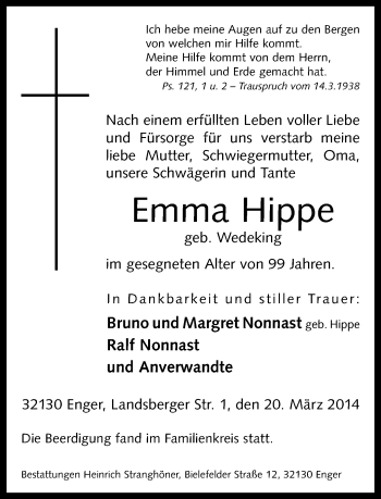 Traueranzeige von Emma Hippe von Neue Westfälische