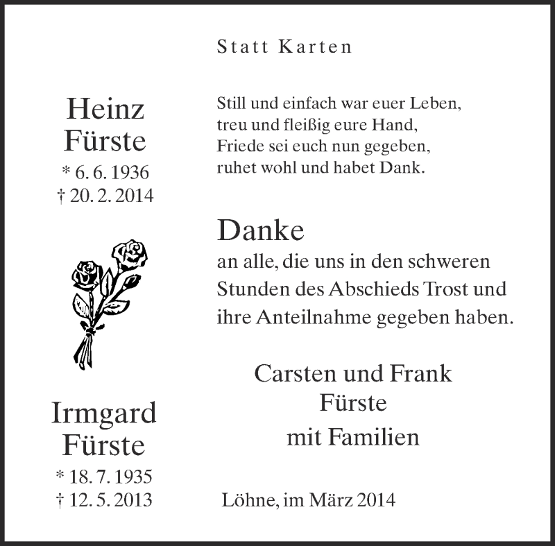  Traueranzeige für Heinz und Irmgard Fürste vom 29.03.2014 aus Neue Westfälische