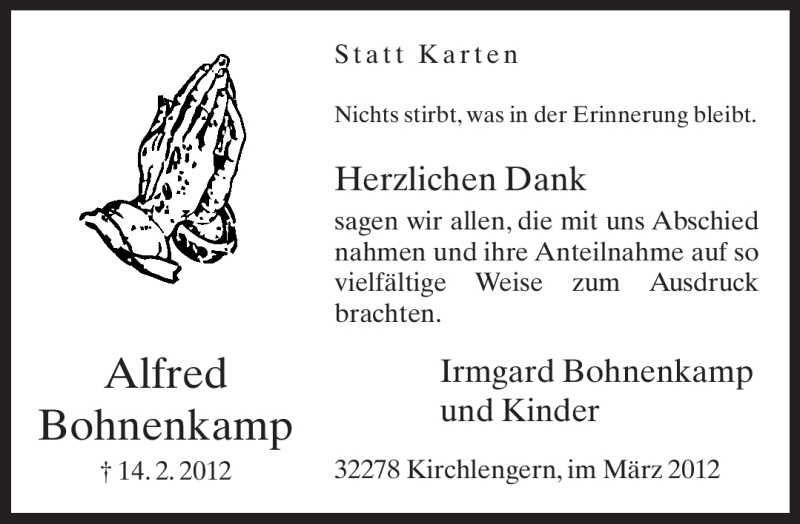  Traueranzeige für Alfred Bohnenkamp vom 17.03.2012 aus Neue Westfälische