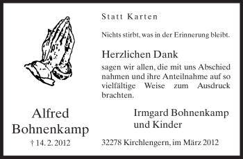 Traueranzeige von Alfred Bohnenkamp von Neue Westfälische