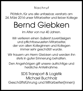 Traueranzeige von Bernd Giebken von Neue Westfälische
