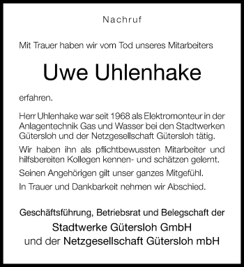 Traueranzeige von Uwe Uhlenhake von Neue Westfälische