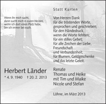 Traueranzeige von Herbert Länder von Neue Westfälische