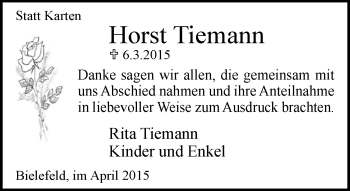 Traueranzeige von Horst Tiemann von Neue Westfälische