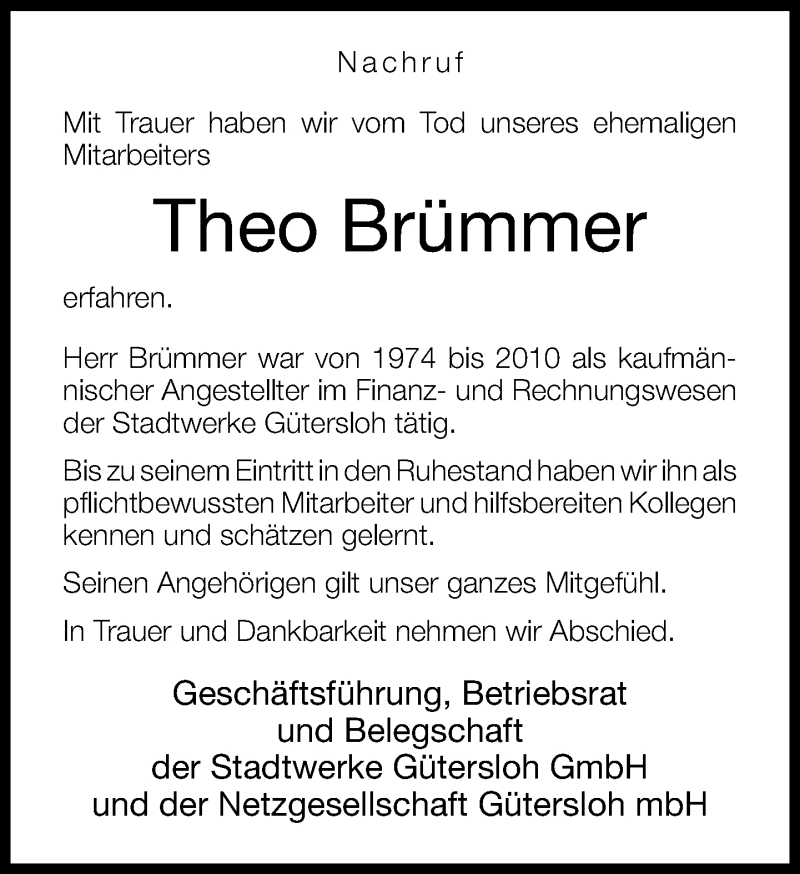  Traueranzeige für Theo Brümmer vom 21.05.2015 aus Neue Westfälische