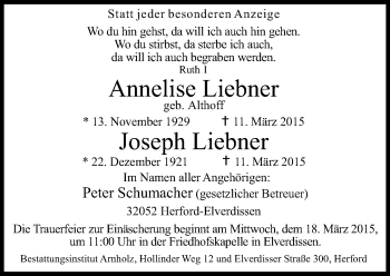 Traueranzeige von Annelise und Joseph Liebner von Neue Westfälische