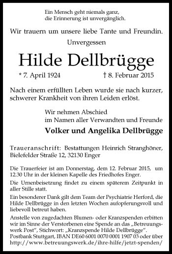 Traueranzeige von Hilde Dellbrügge von Neue Westfälische