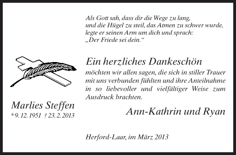  Traueranzeige für Marlies Steffen vom 25.03.2013 aus Neue Westfälische