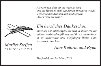 Traueranzeige von Marlies Steffen von Neue Westfälische