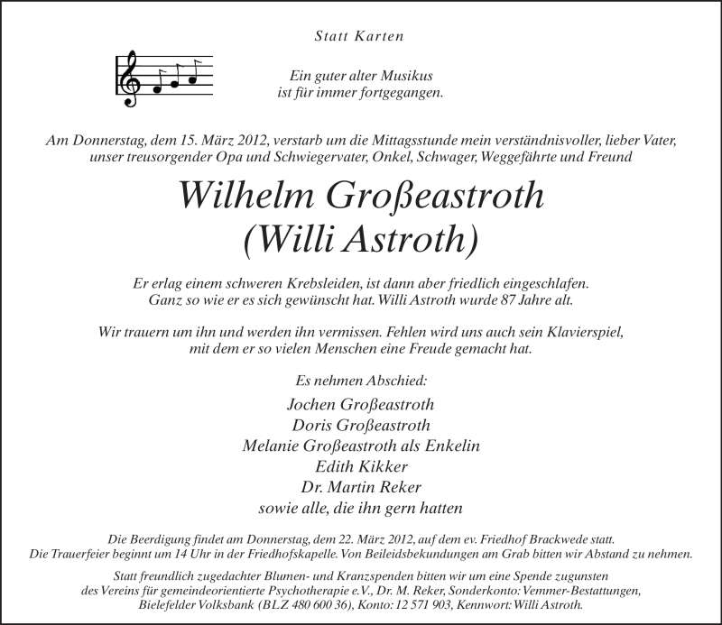  Traueranzeige für Willi Großeastroth vom 17.03.2012 aus Neue Westfälische