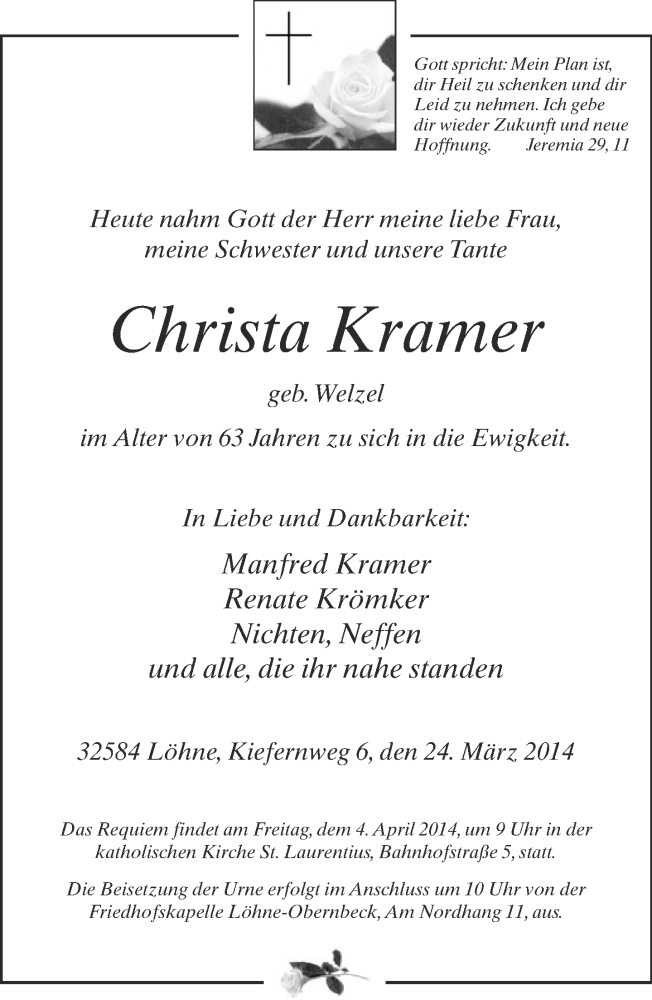  Traueranzeige für Christa Kramer vom 29.03.2014 aus Neue Westfälische