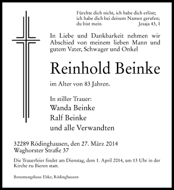 Traueranzeige von Reinhold Beinke von Neue Westfälische