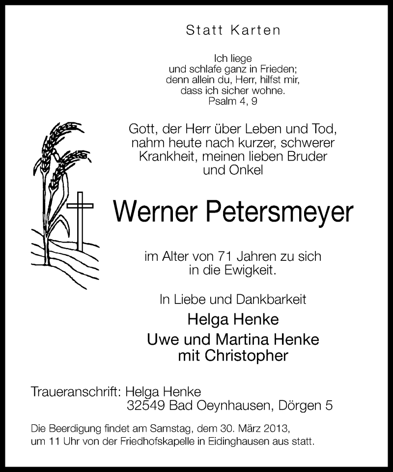  Traueranzeige für Werner Petersmeyer vom 27.03.2013 aus Neue Westfälische