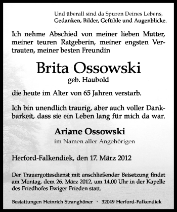 Traueranzeige von Brita Ossowski von Neue Westfälische