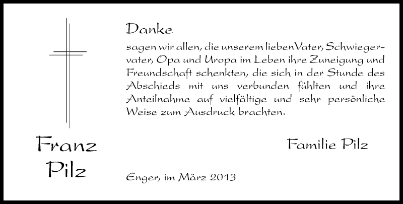  Traueranzeige für Franz Pilz vom 28.03.2013 aus Neue Westfälische