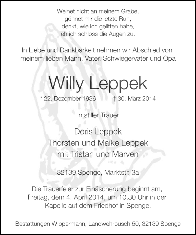  Traueranzeige für Willy Leppek vom 02.04.2014 aus Neue Westfälische