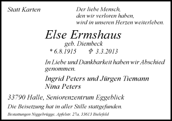 Traueranzeige von Else Ermshaus von Neue Westfälische