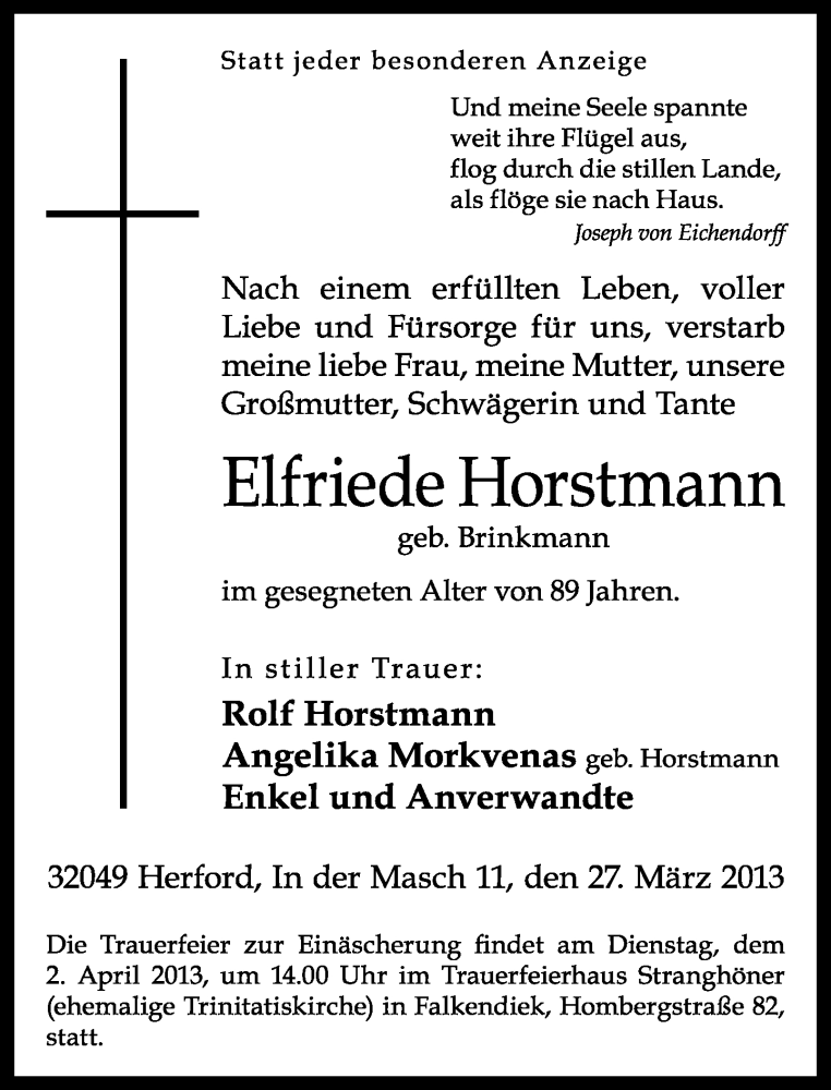  Traueranzeige für Elfriede Horstmann vom 29.03.2013 aus Neue Westfälische