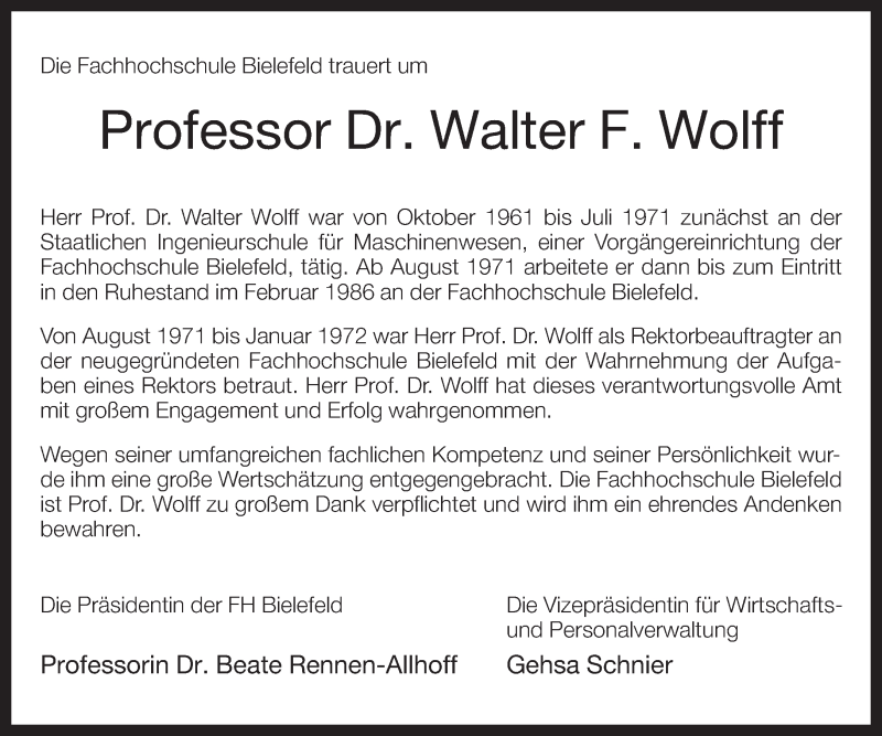 Traueranzeige für Walter Wolff vom 29.03.2013 aus Neue Westfälische