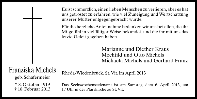  Traueranzeige für Franziska Michels vom 03.04.2013 aus Neue Westfälische