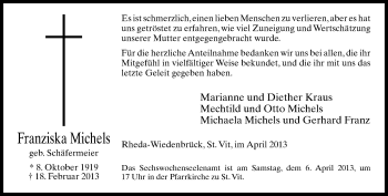 Traueranzeige von Franziska Michels von Neue Westfälische