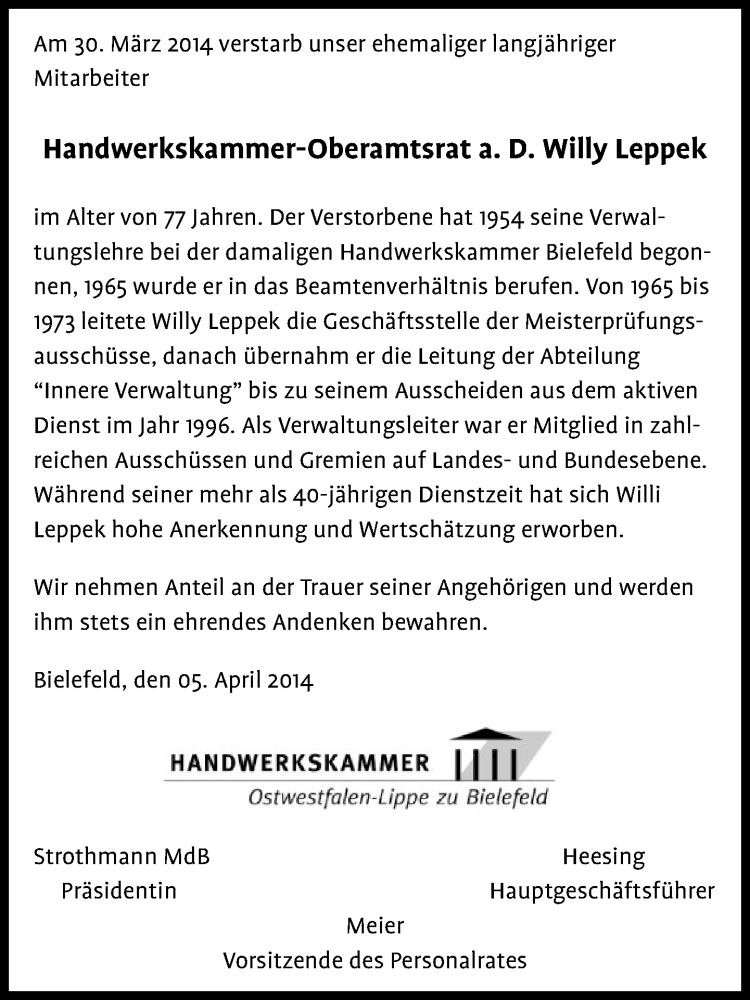  Traueranzeige für Willy Leppek vom 05.04.2014 aus Neue Westfälische