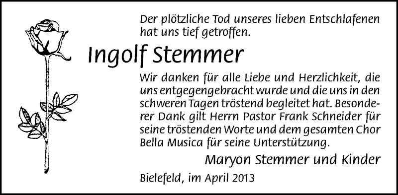  Traueranzeige für Ingolf Stemmer vom 06.04.2013 aus Neue Westfälische