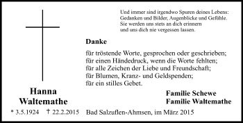 Traueranzeige von Hanna Waltemathe von Neue Westfälische