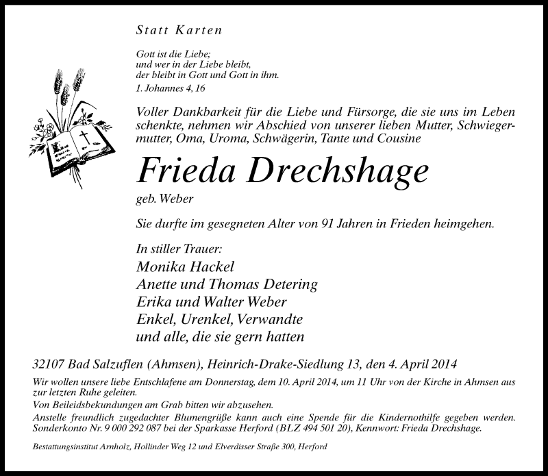  Traueranzeige für Frieda Drechshage vom 07.04.2014 aus Neue Westfälische
