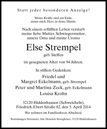 Traueranzeige von Else Strempel von Neue Westfälische