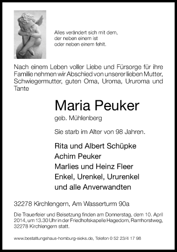 Traueranzeige von Maria Peuker von Neue Westfälische
