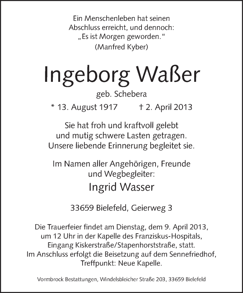  Traueranzeige für Ingeborg Waßer vom 06.04.2013 aus Neue Westfälische