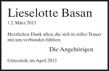 Traueranzeige von Lieselotte Basan von Neue Westfälische