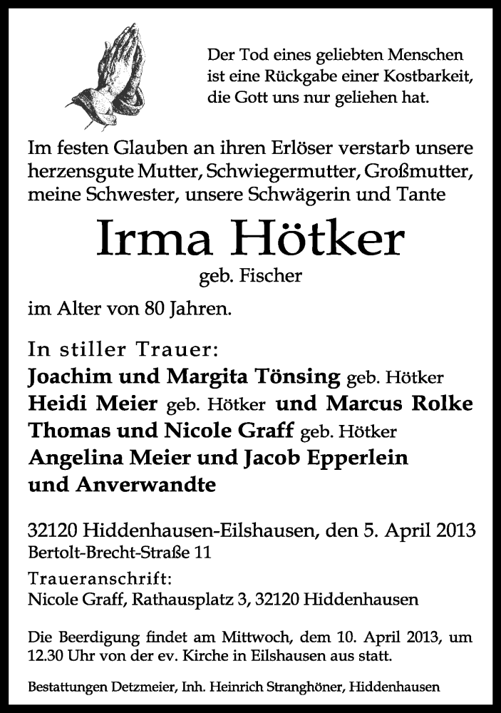  Traueranzeige für Irma Hötker vom 08.04.2013 aus Neue Westfälische