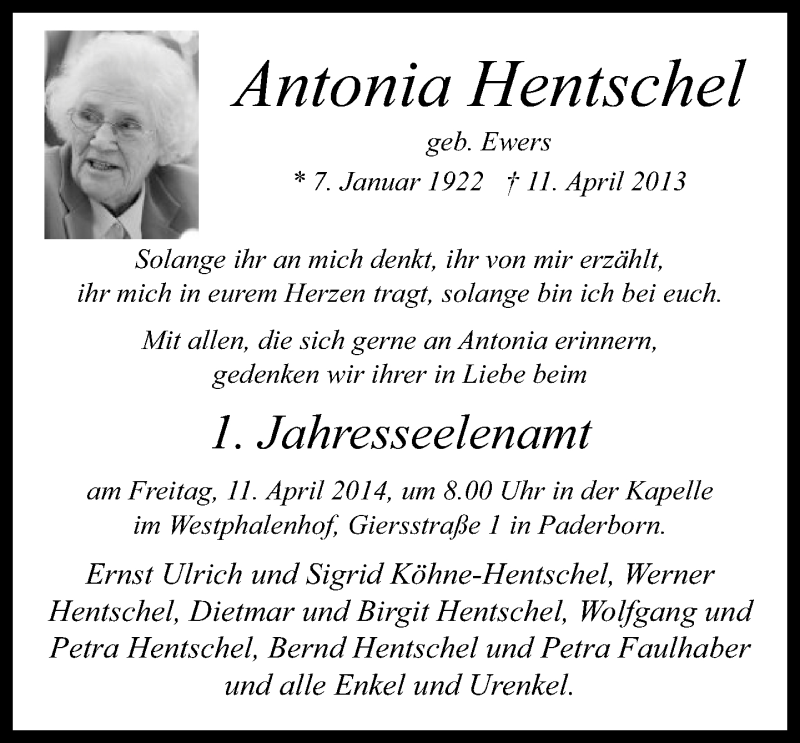  Traueranzeige für Antonia Hentschel vom 09.04.2014 aus Neue Westfälische