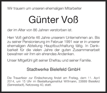 Traueranzeige von Günter Voß von Neue Westfälische