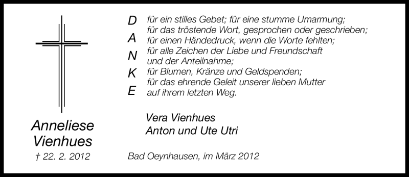  Traueranzeige für Anneliese Vienhues vom 31.03.2012 aus Neue Westfälische