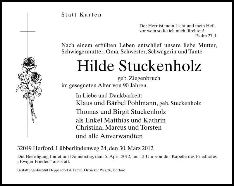  Traueranzeige für Hilde Stuckenholz vom 02.04.2012 aus Neue Westfälische