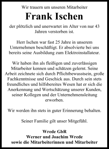 Traueranzeige von Frank Ischen von Neue Westfälische