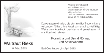 Traueranzeige von Waltraut Rieks von Neue Westfälische