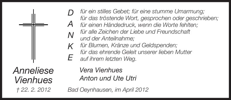  Traueranzeige für Anneliese Vienhues vom 06.04.2012 aus Neue Westfälische