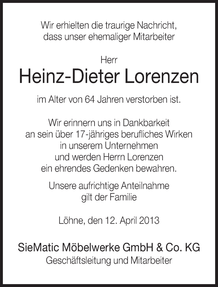  Traueranzeige für Heinz-Dieter Lorenzen vom 15.04.2013 aus Neue Westfälische