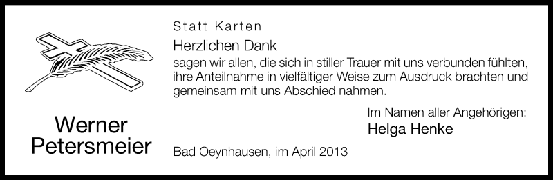  Traueranzeige für Werner Petersmeier vom 17.04.2013 aus Neue Westfälische
