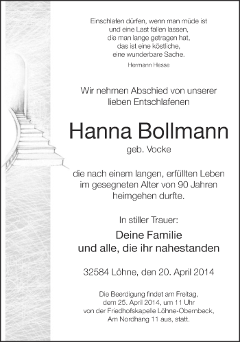 Traueranzeige von Hanna Bollmann von Neue Westfälische