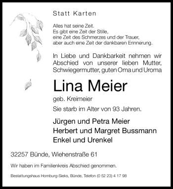 Traueranzeige von Lina Meier von Neue Westfälische