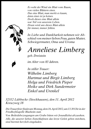 Traueranzeige von Anneliese Limberg von Neue Westfälische