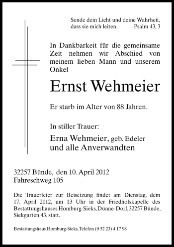 Traueranzeige von Ernst Wehmeier von Neue Westfälische