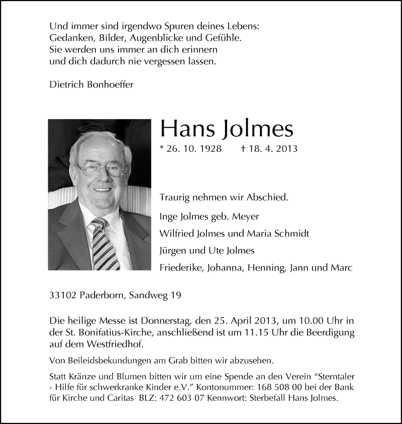  Traueranzeige für Hans Jolmes vom 20.04.2013 aus Neue Westfälische