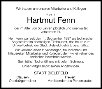 Traueranzeige von Hartmut Fenn von Neue Westfälische